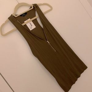 Olive green tank with gold zipper. Never been worn. Tags still on item.